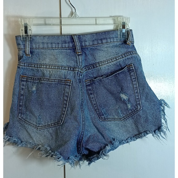 Signature 8 Distressed Button Fly High Waist Denim Shorts Blue Y2k Cheeky Size S - Picture 2 of 6